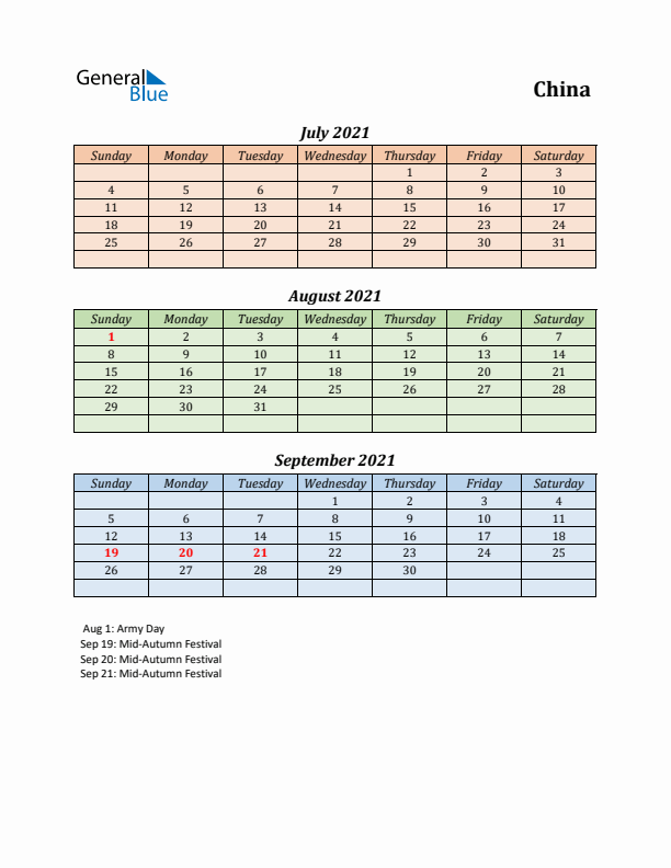 Q3 2021 Holiday Calendar - China