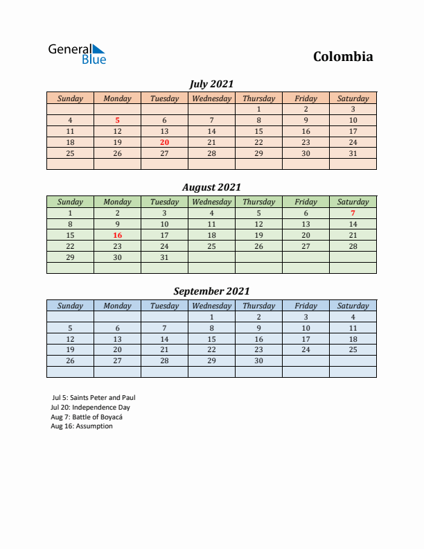 Q3 2021 Holiday Calendar - Colombia