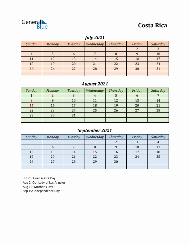 Q3 2021 Holiday Calendar - Costa Rica