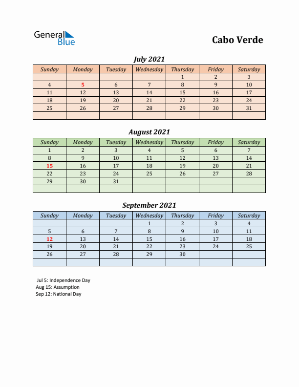 Q3 2021 Holiday Calendar - Cabo Verde