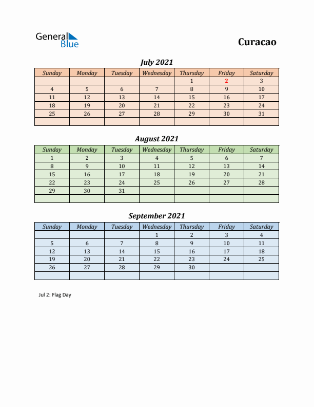 Q3 2021 Holiday Calendar - Curacao