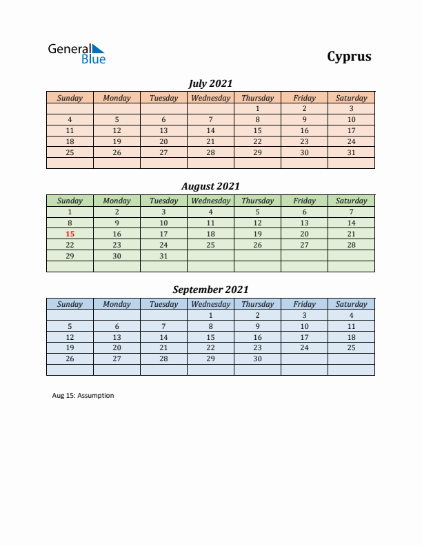 Q3 2021 Holiday Calendar - Cyprus