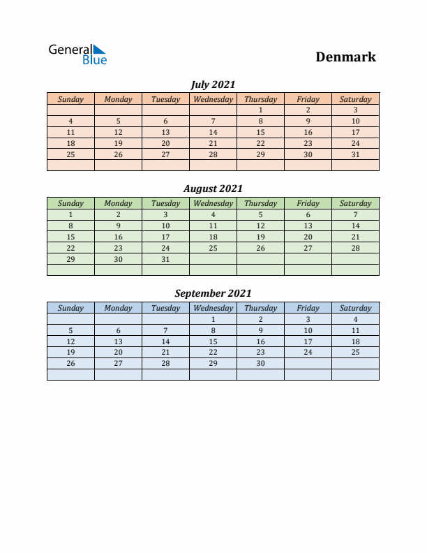 Q3 2021 Holiday Calendar - Denmark