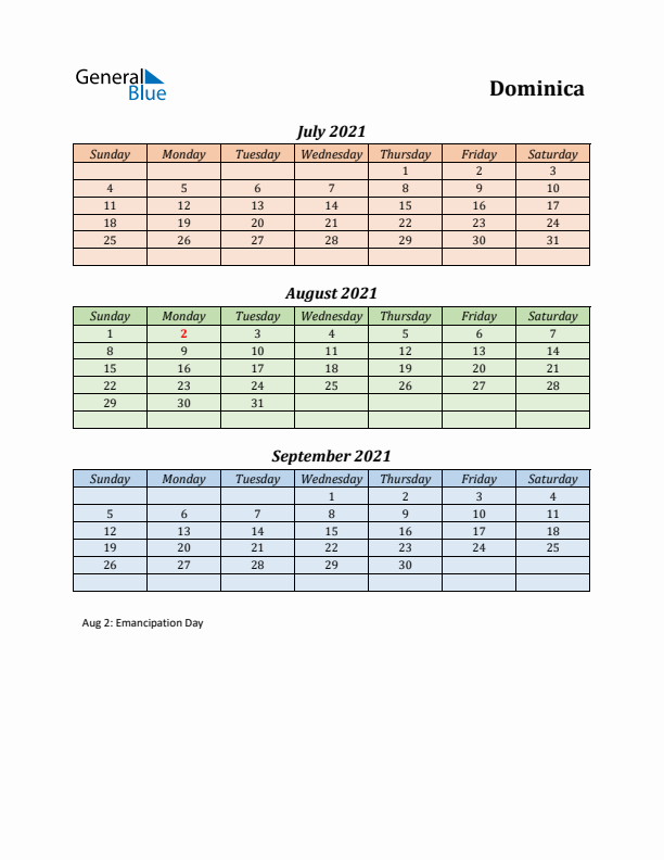 Q3 2021 Holiday Calendar - Dominica