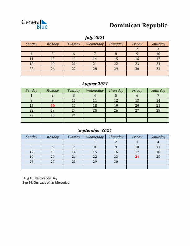 Q3 2021 Holiday Calendar - Dominican Republic