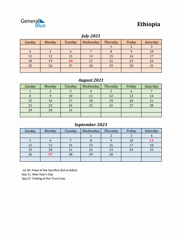 Q3 2021 Holiday Calendar - Ethiopia