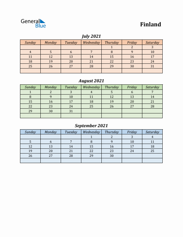 Q3 2021 Holiday Calendar - Finland