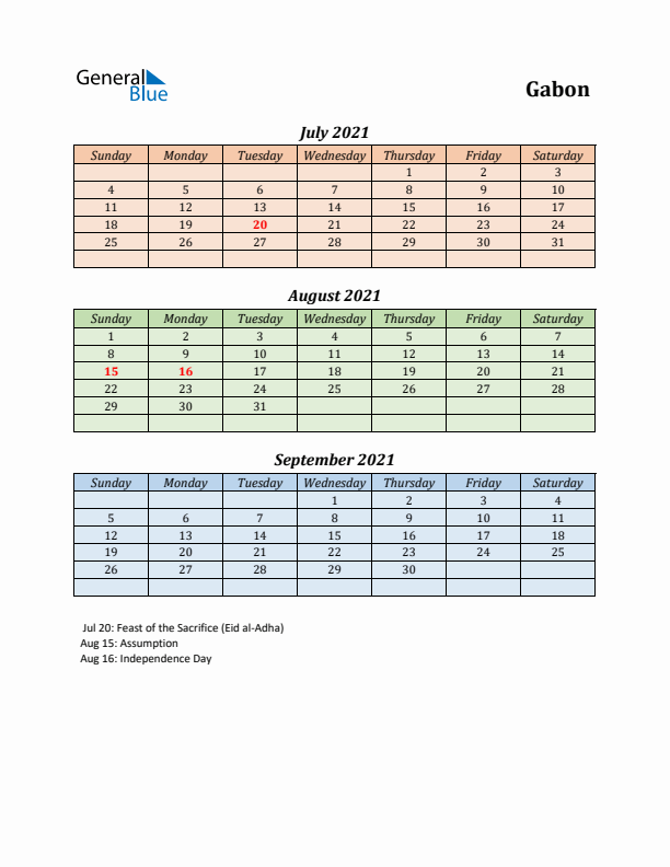 Q3 2021 Holiday Calendar - Gabon