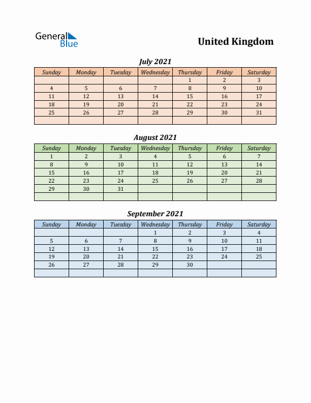 Q3 2021 Holiday Calendar - United Kingdom