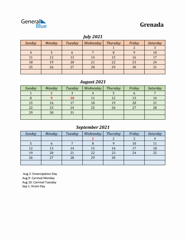 Q3 2021 Holiday Calendar - Grenada