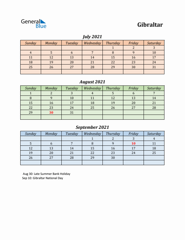 Q3 2021 Holiday Calendar - Gibraltar