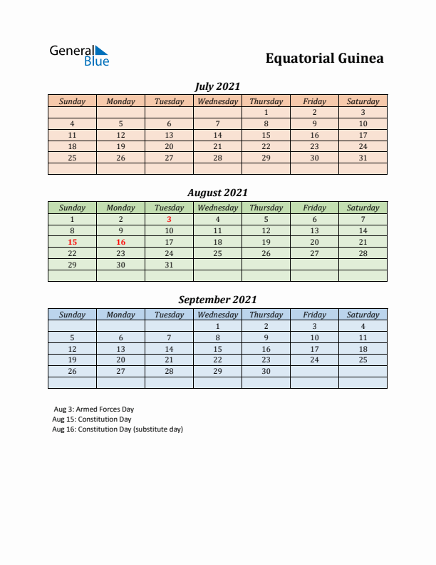 Q3 2021 Holiday Calendar - Equatorial Guinea