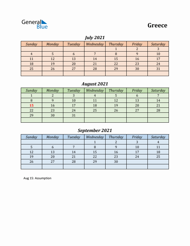 Q3 2021 Holiday Calendar - Greece