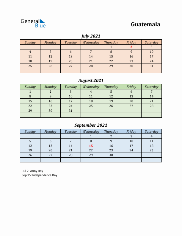 Q3 2021 Holiday Calendar - Guatemala