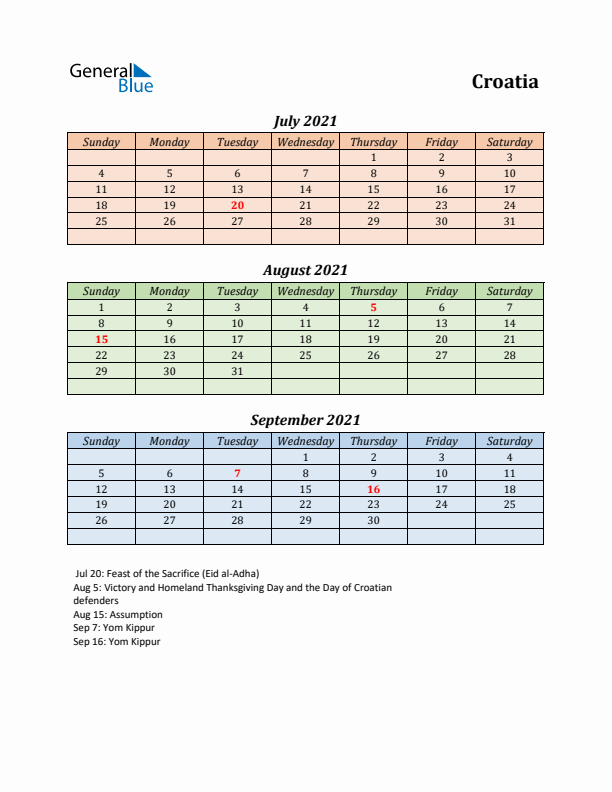 Q3 2021 Holiday Calendar - Croatia