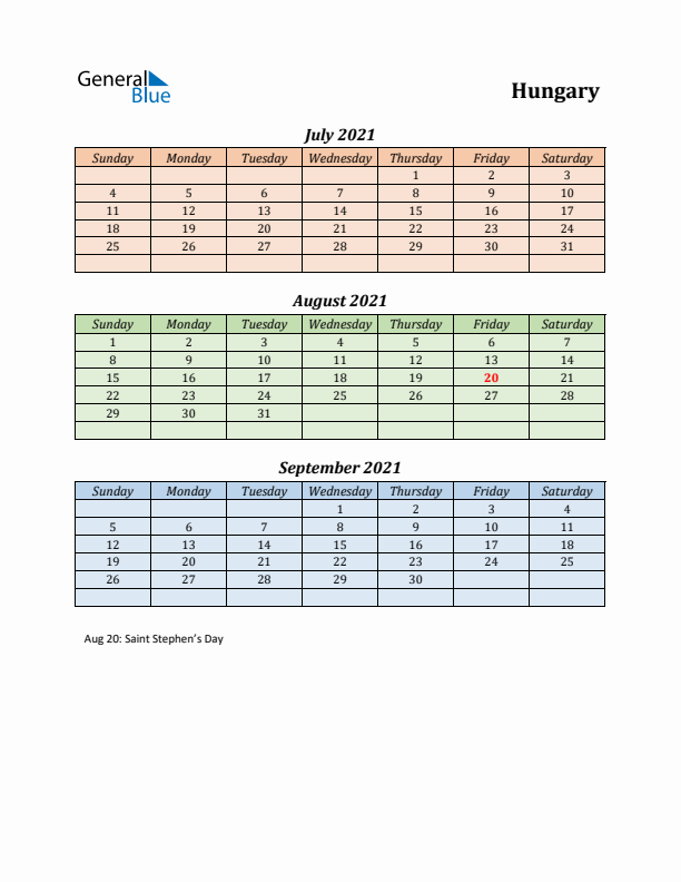 Q3 2021 Holiday Calendar - Hungary