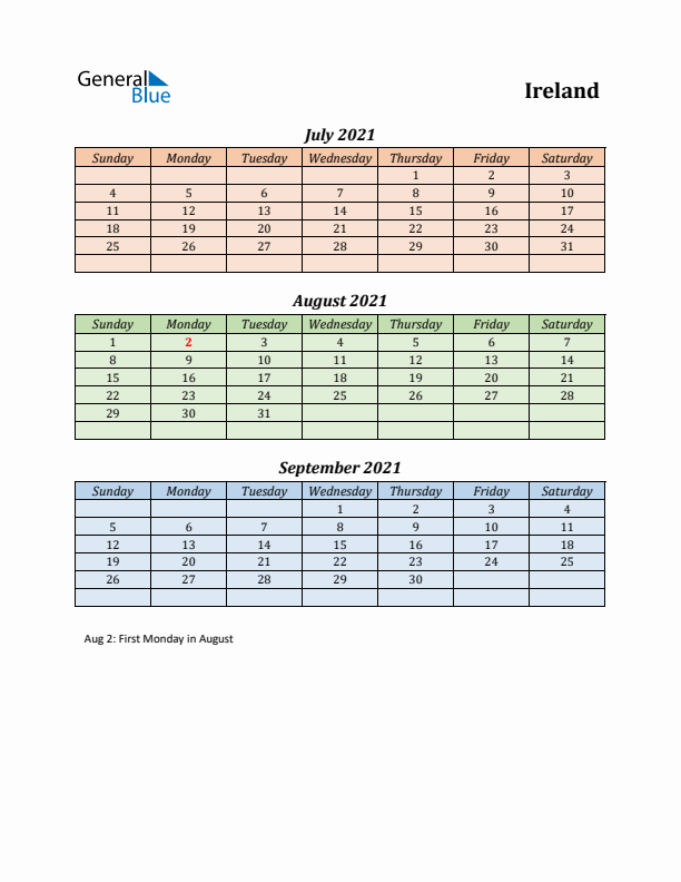 Q3 2021 Holiday Calendar - Ireland