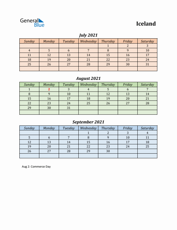 Q3 2021 Holiday Calendar - Iceland