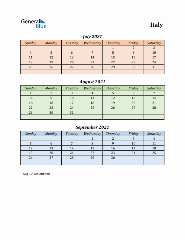 Q3 2021 Holiday Calendar - Italy