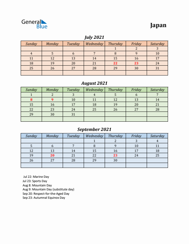 Q3 2021 Holiday Calendar - Japan