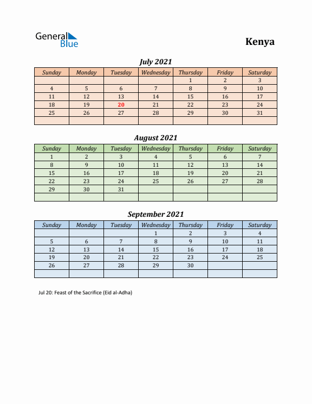 Q3 2021 Holiday Calendar - Kenya