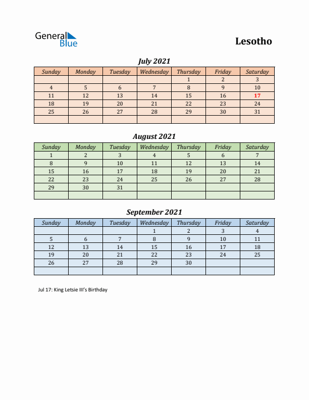 Q3 2021 Holiday Calendar - Lesotho