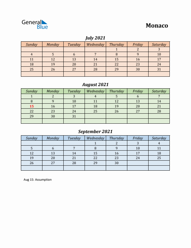 Q3 2021 Holiday Calendar - Monaco