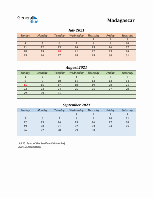 Q3 2021 Holiday Calendar - Madagascar