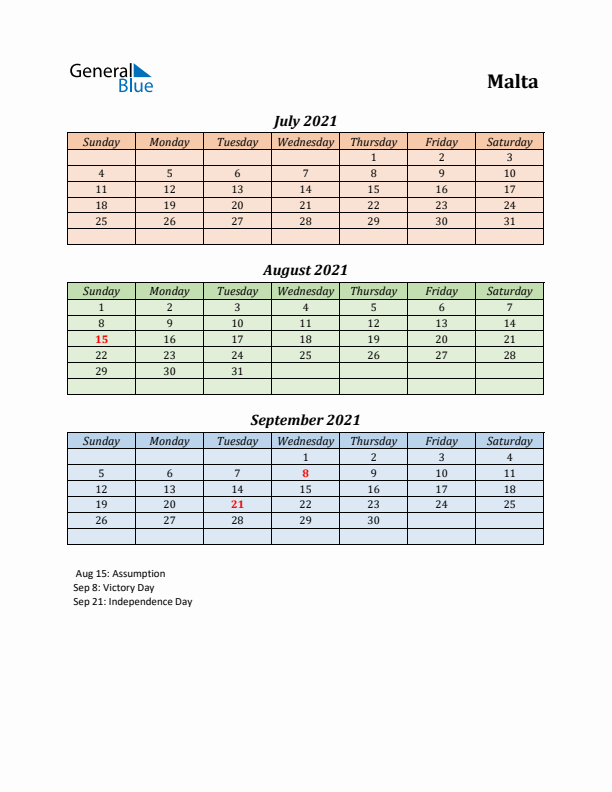 Q3 2021 Holiday Calendar - Malta