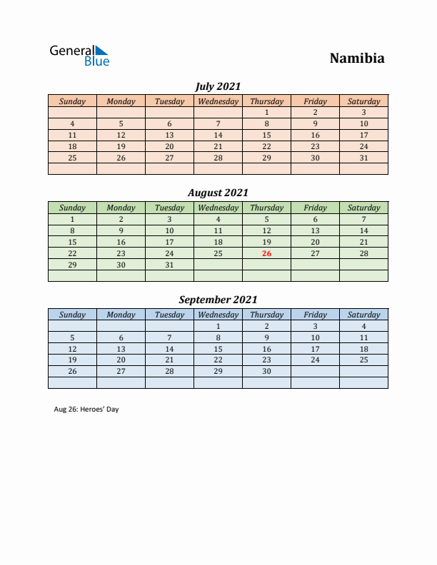 Q3 2021 Holiday Calendar - Namibia