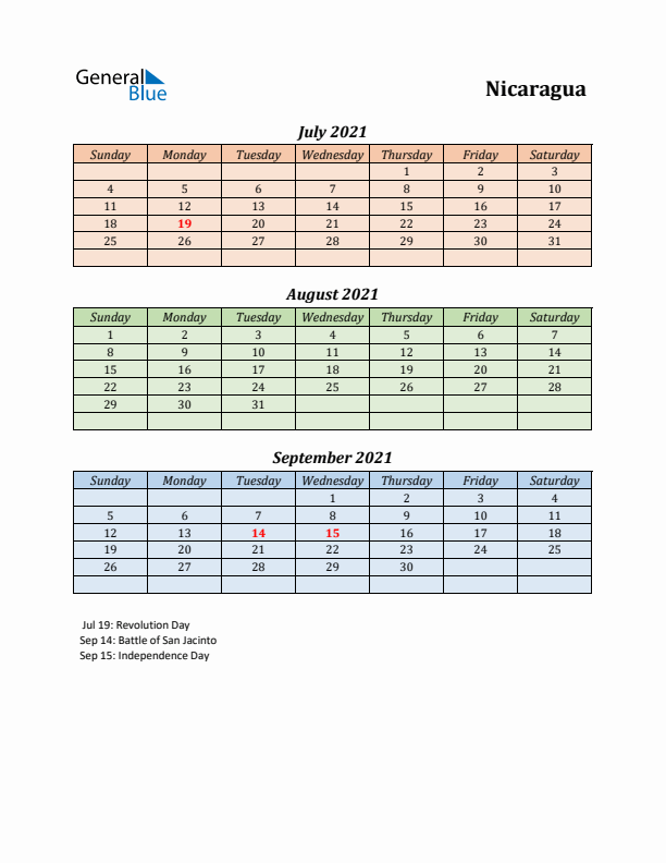 Q3 2021 Holiday Calendar - Nicaragua