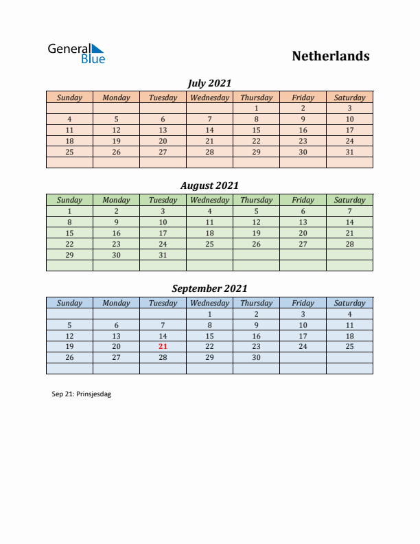 Q3 2021 Holiday Calendar - The Netherlands