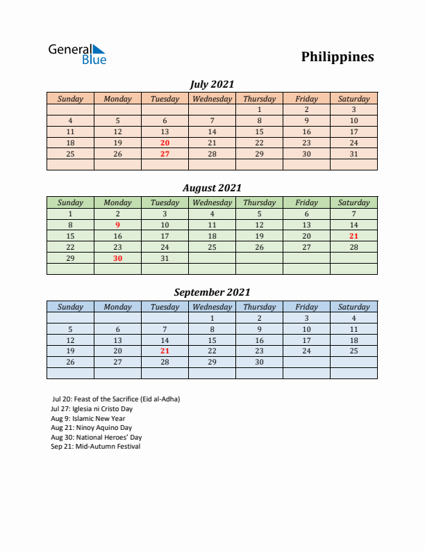 Q3 2021 Holiday Calendar - Philippines