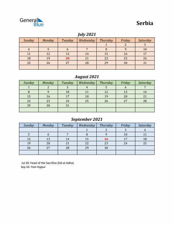 Q3 2021 Holiday Calendar - Serbia