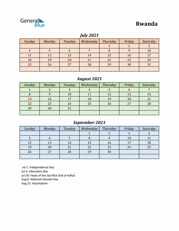 Q3 2021 Holiday Calendar - Rwanda