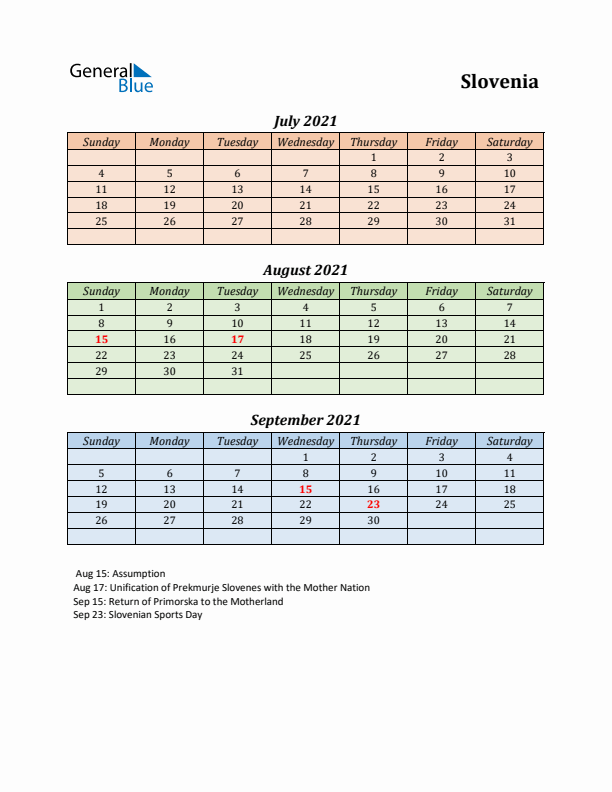 Q3 2021 Holiday Calendar - Slovenia