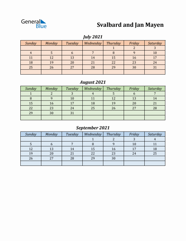 Q3 2021 Holiday Calendar - Svalbard and Jan Mayen