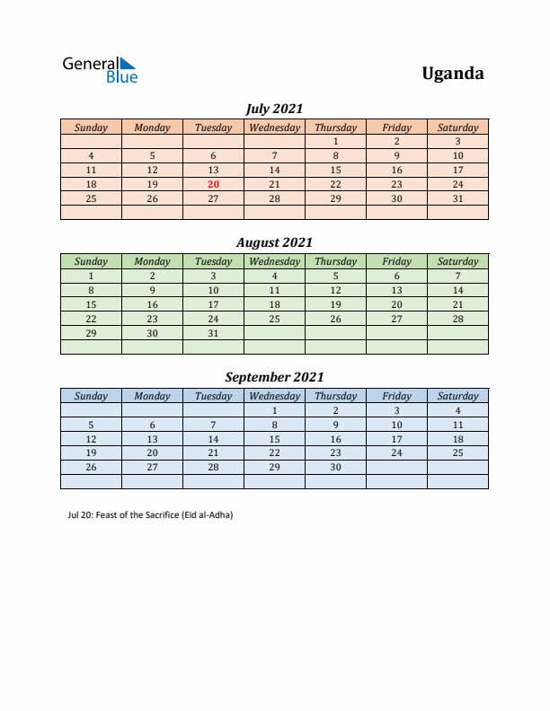 Q3 2021 Holiday Calendar - Uganda