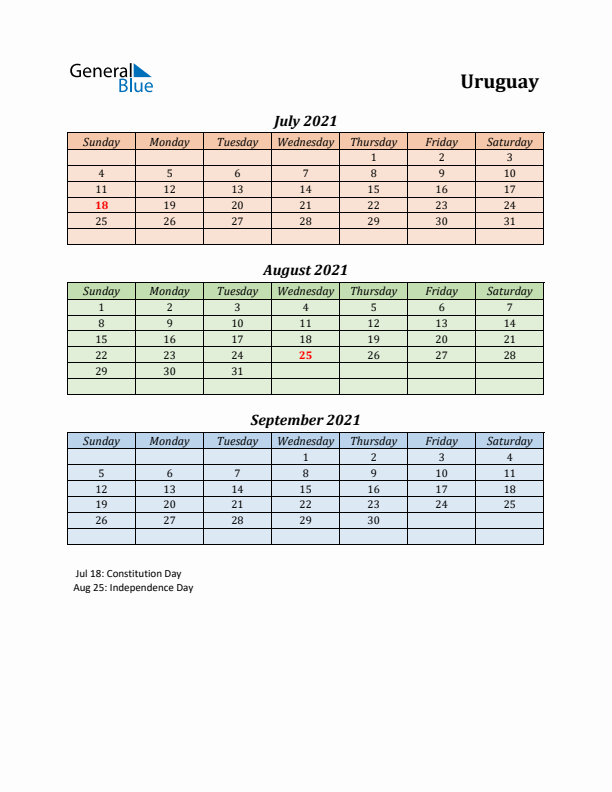 Q3 2021 Holiday Calendar - Uruguay