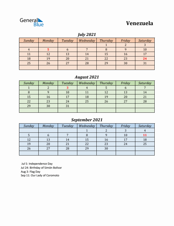 Q3 2021 Holiday Calendar - Venezuela