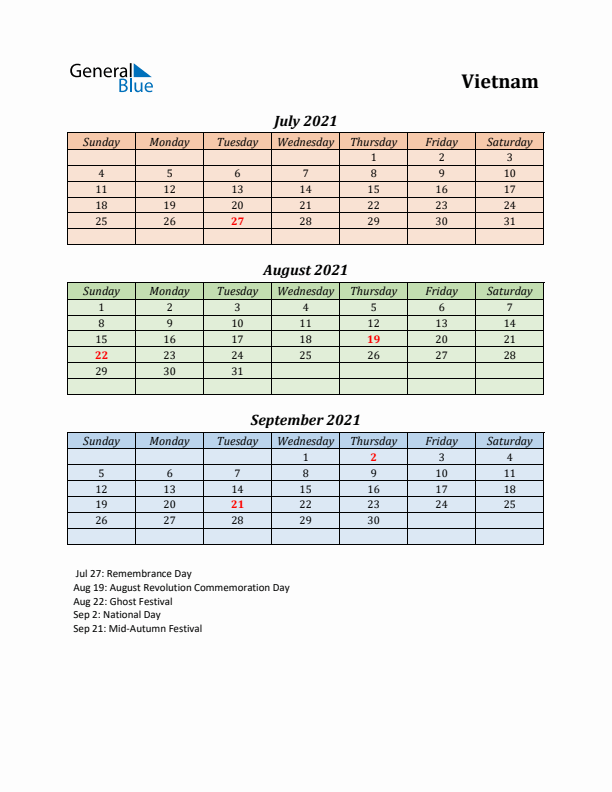 Q3 2021 Holiday Calendar - Vietnam