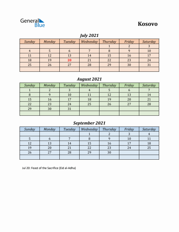 Q3 2021 Holiday Calendar - Kosovo