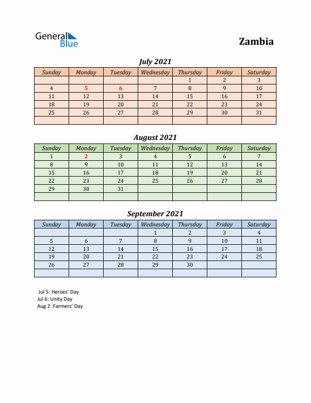 Q3 2021 Holiday Calendar - Zambia