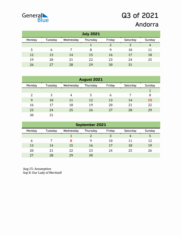 Quarterly Calendar 2021 with Andorra Holidays