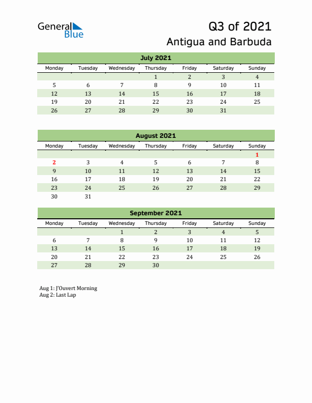 Quarterly Calendar 2021 with Antigua and Barbuda Holidays