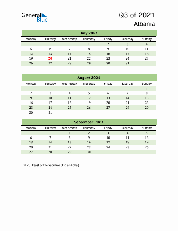 Quarterly Calendar 2021 with Albania Holidays