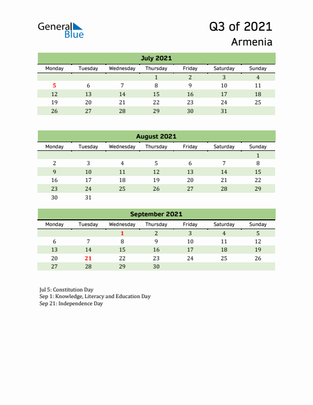 Quarterly Calendar 2021 with Armenia Holidays