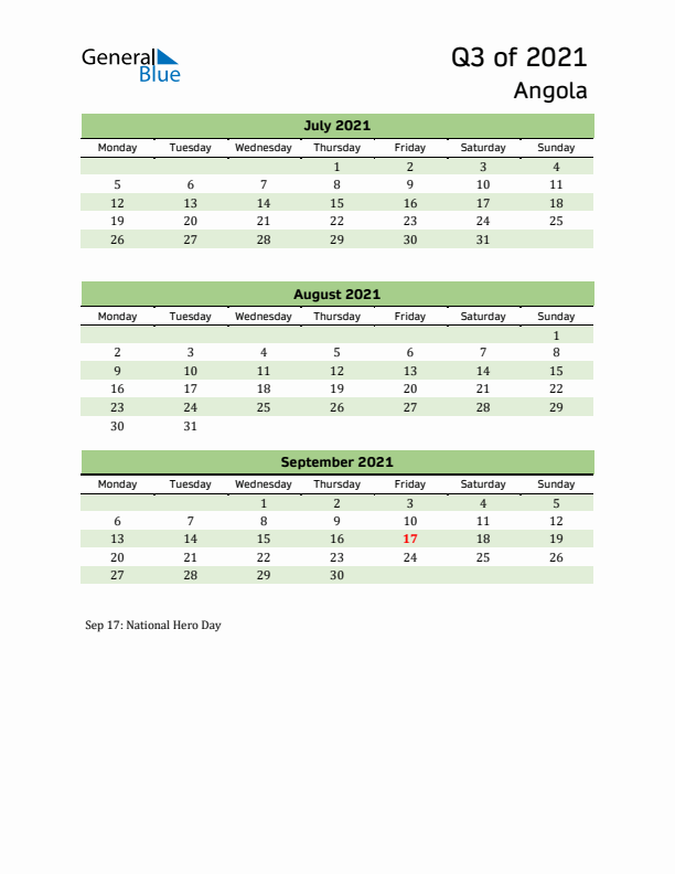 Quarterly Calendar 2021 with Angola Holidays