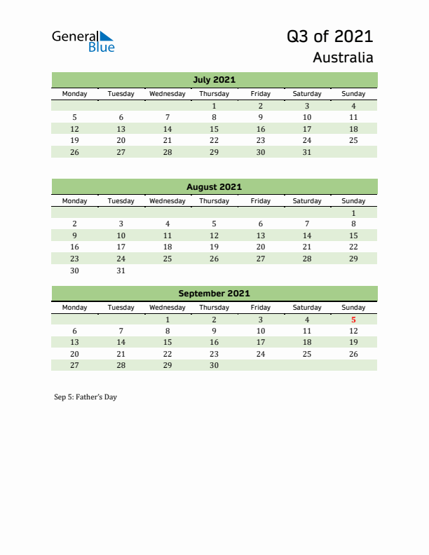 Quarterly Calendar 2021 with Australia Holidays