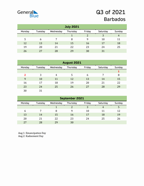 Quarterly Calendar 2021 with Barbados Holidays